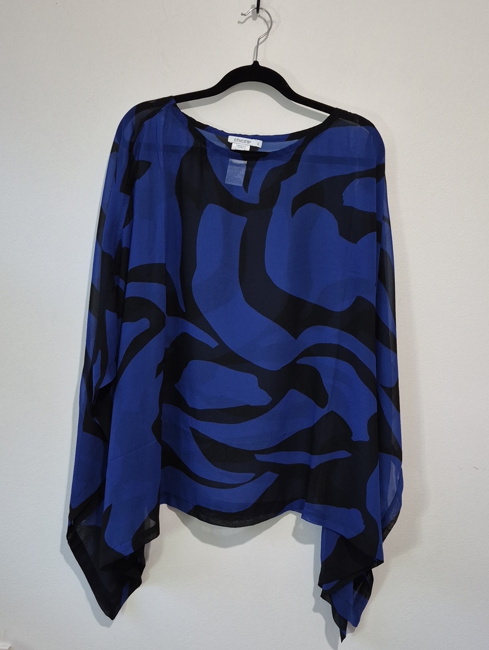 CHICOS WOMEN'S SHEER TUNIC PONCHO BUTTERFLY SLEEVES BLUE AND BLACK